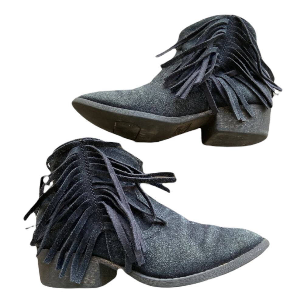 Justice Girls Boots Size 4 Booties Black Faux Suede Ankle Fringe Western